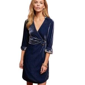 Maeve For Anthropologie Faux Wrap Mini Dress Womens Size 4  Navy Velvet Roll Tab